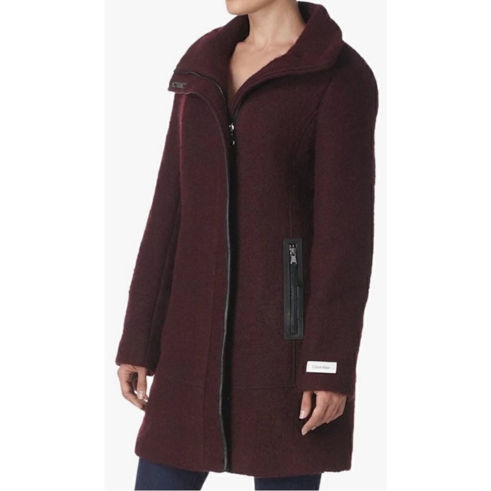 CALVIN KLEIN Maroon Burgundy Wool Blend Overcoat Full Zipper Coat Size Small New